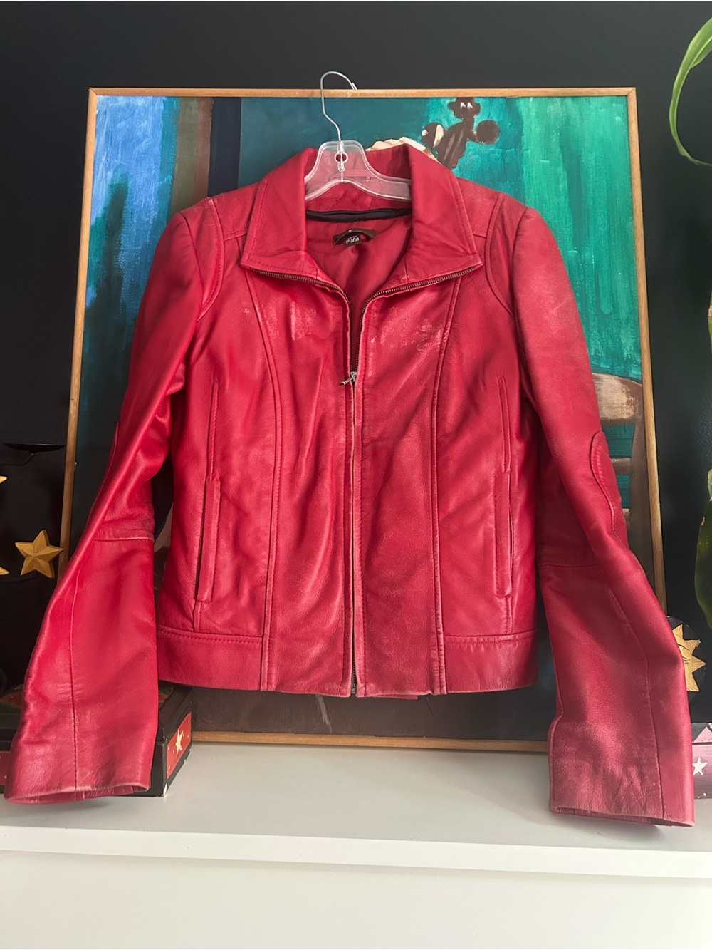 Danier Red Leather Moto Jacket Women’s XS Y2K Fitted Zip Biker Racer